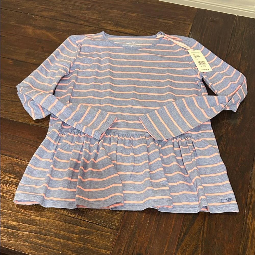 Vineyard Vines Girls' Long Sleeve Striped Peplum Top - Light Blue & Light Pink